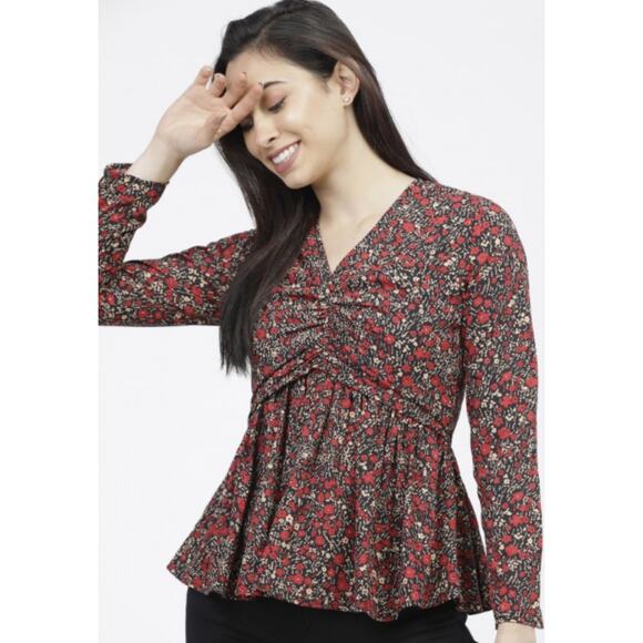 Zara Women's Floral Print A-Line Ruched Front‎ Ruffle Hem Blouse Size XS - Picture 2 of 9